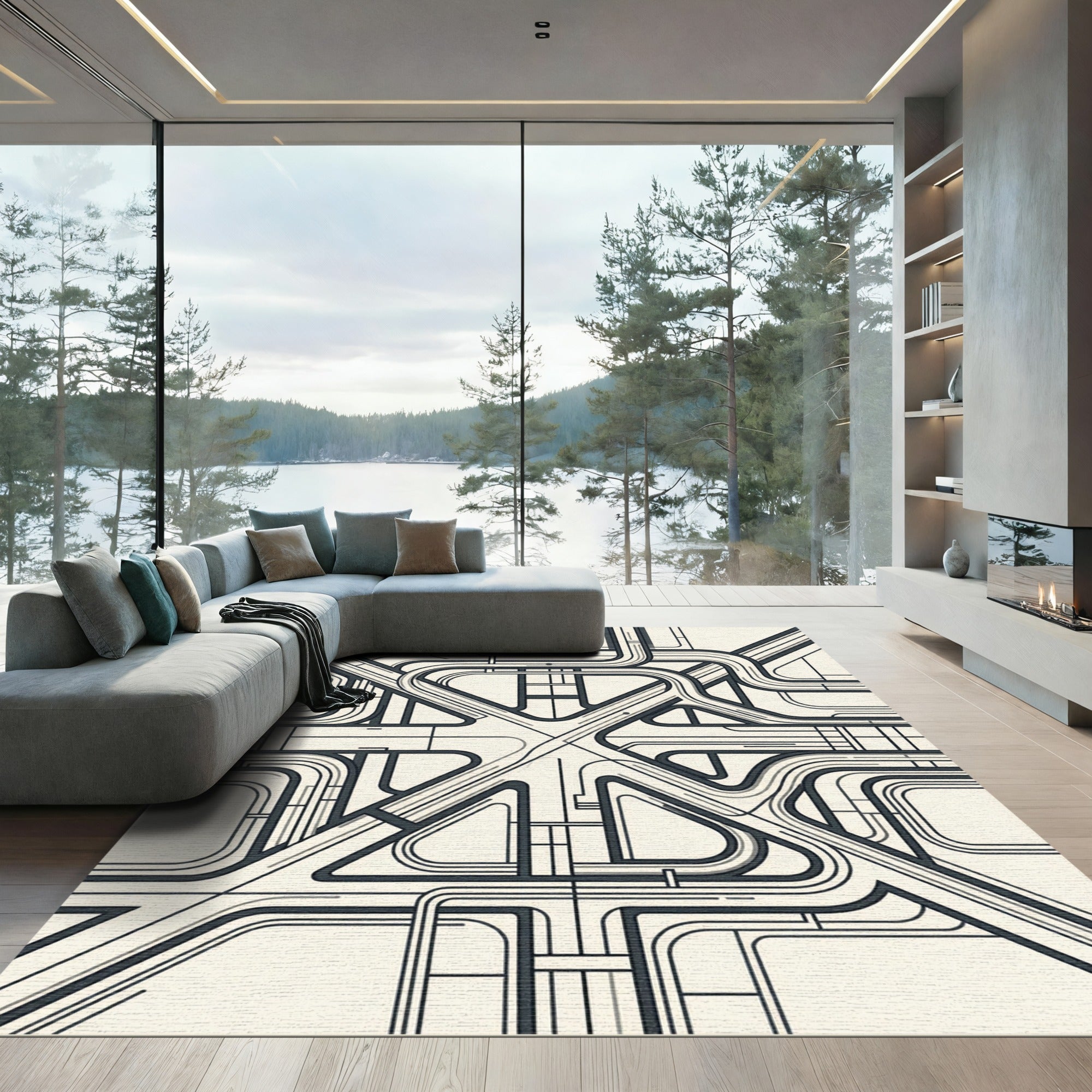Minimalist Geometric Monochrome Linear Architecture Rug