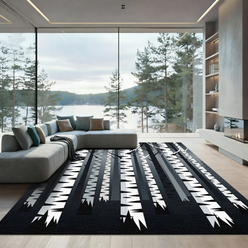 Monochrome Birch Forest Vertical Tree Lines Rug