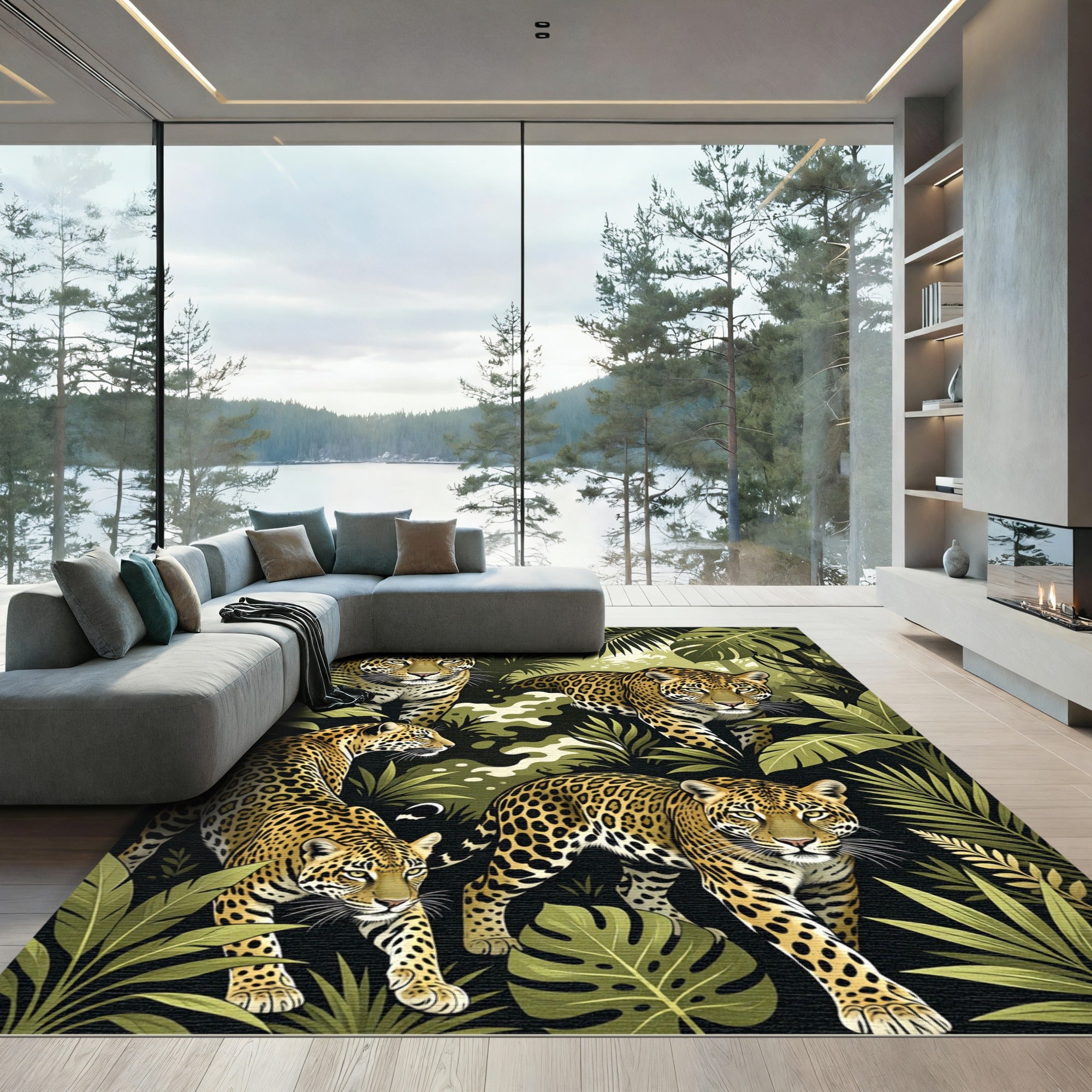 Jaguar Jungle Tropical Leopard Scene Rug