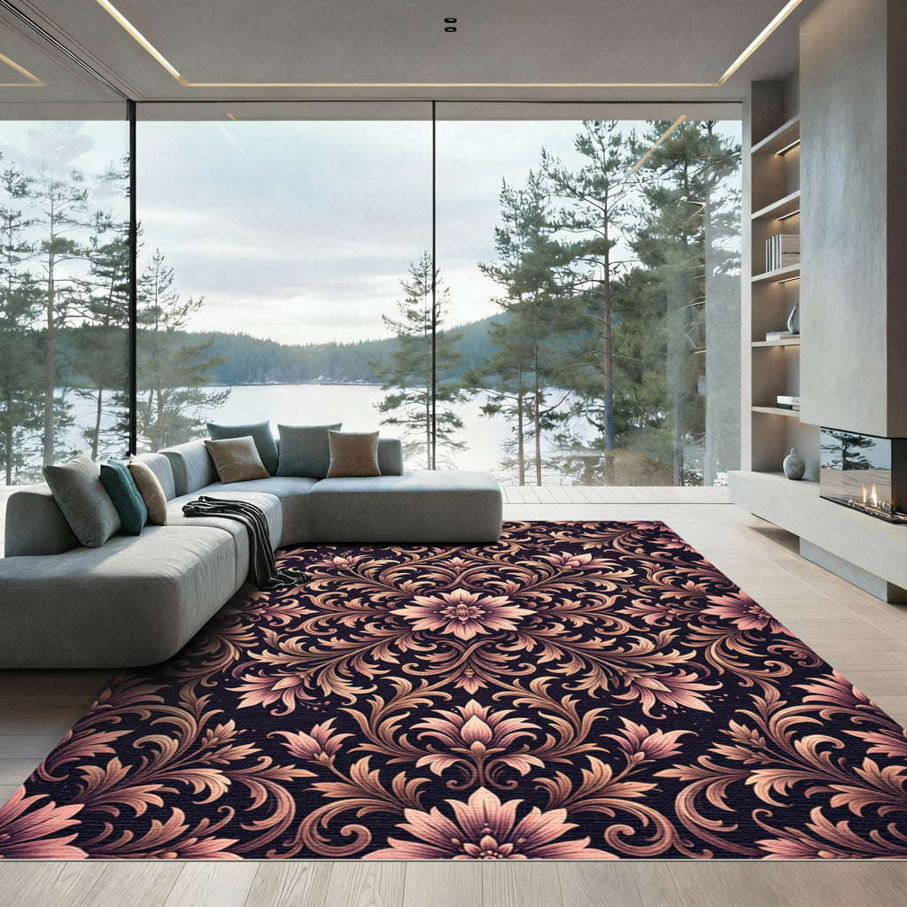 Ornate Damask Floral Rose Gold Tapestry Rug