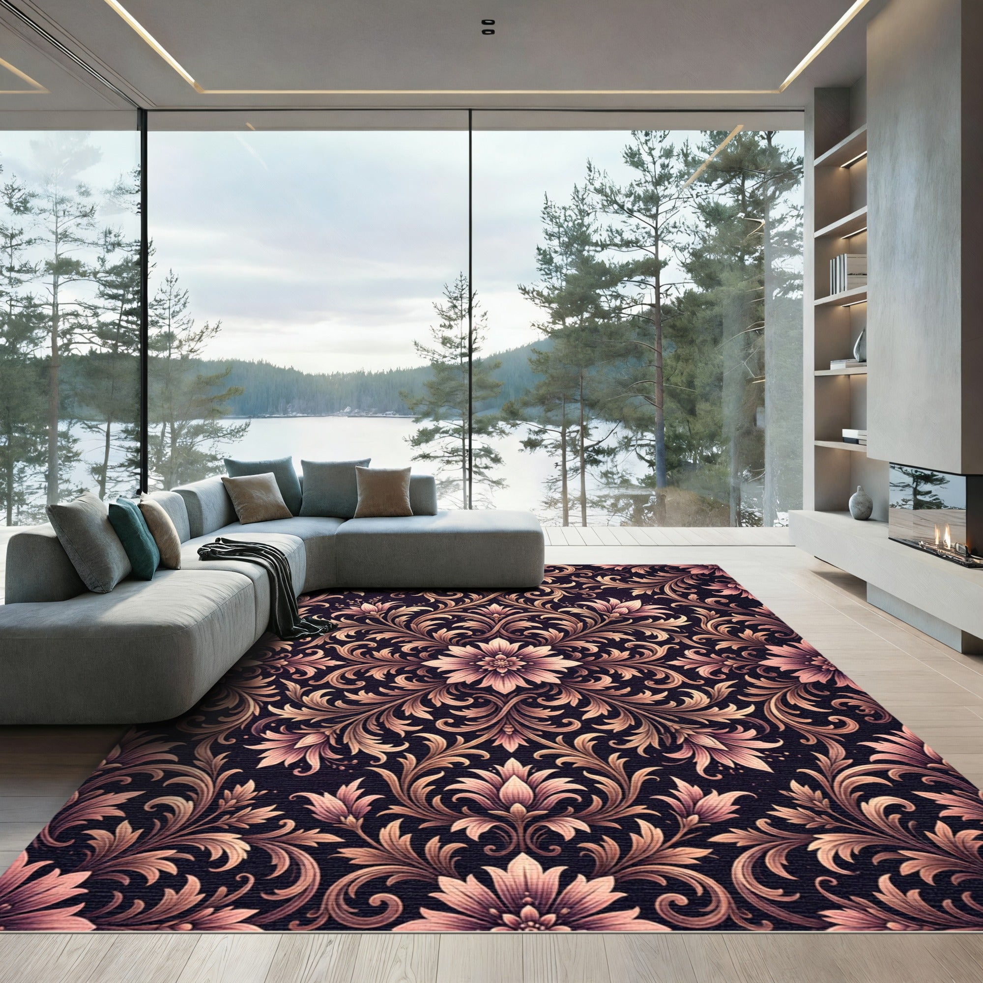 Ornate Damask Floral Rose Gold Tapestry Rug