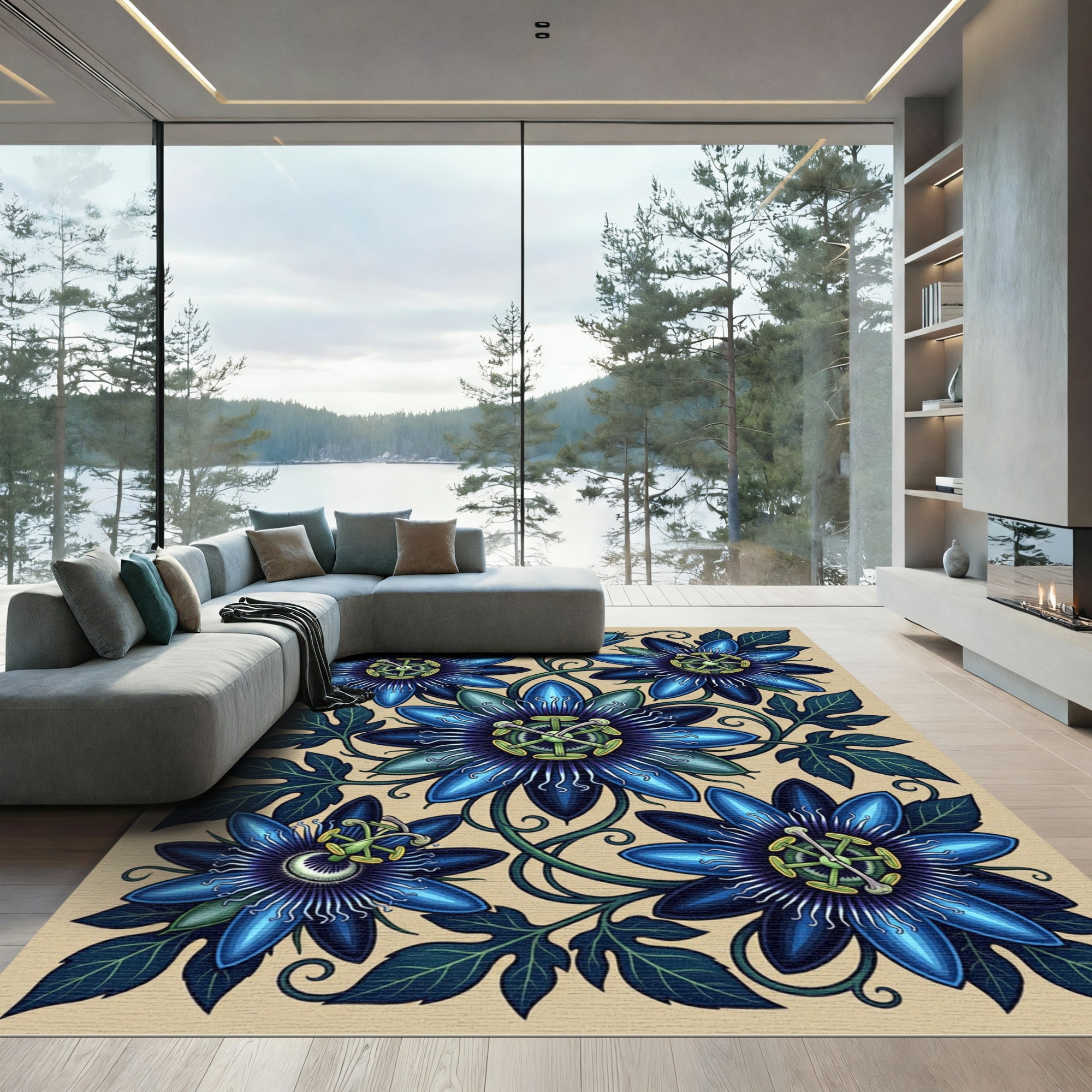 Art Nouveau Sapphire Passion Flower Botanical Rug