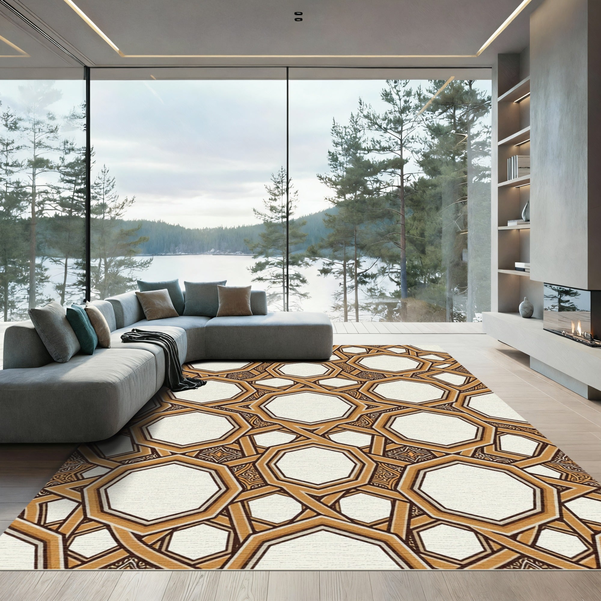 Golden Brown Interlocking Octagon Collage Rug