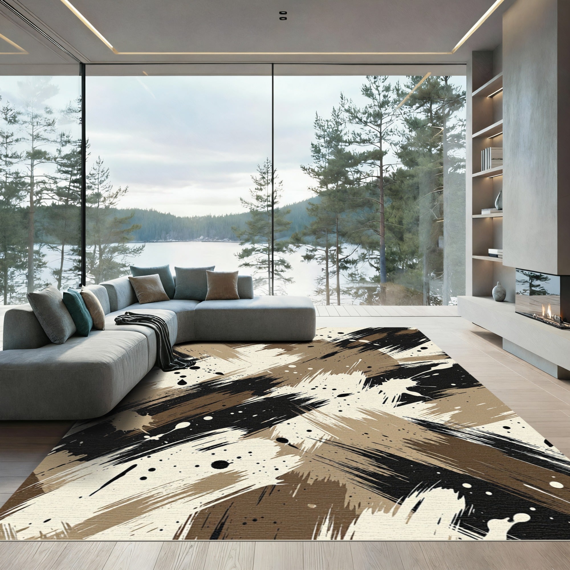 Abstract Brown Black Splatter Brush Strokes Rug