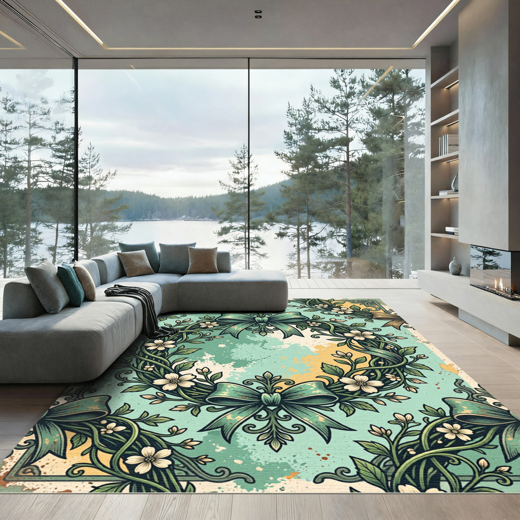 Vintage Sage Floral Wreath Bows Rug