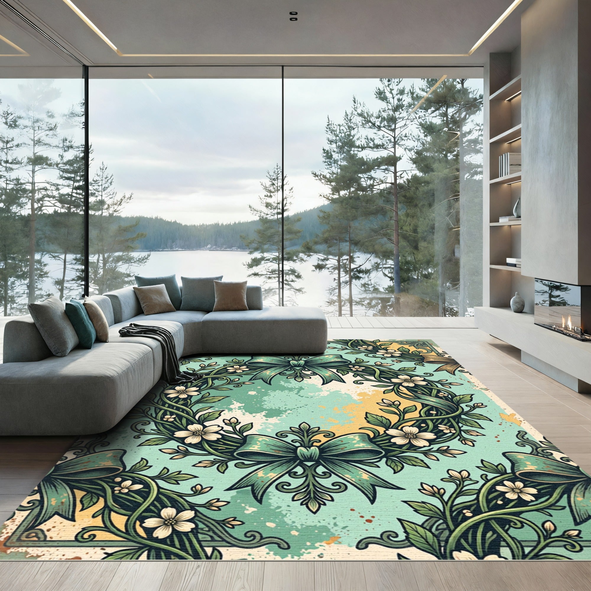 Vintage Sage Floral Wreath Bows Rug