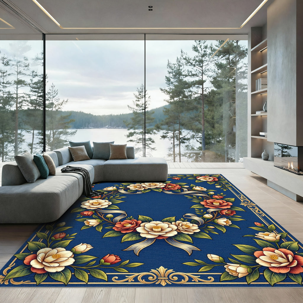 Elegant Navy Blue Camellia Floral Wreath Rug