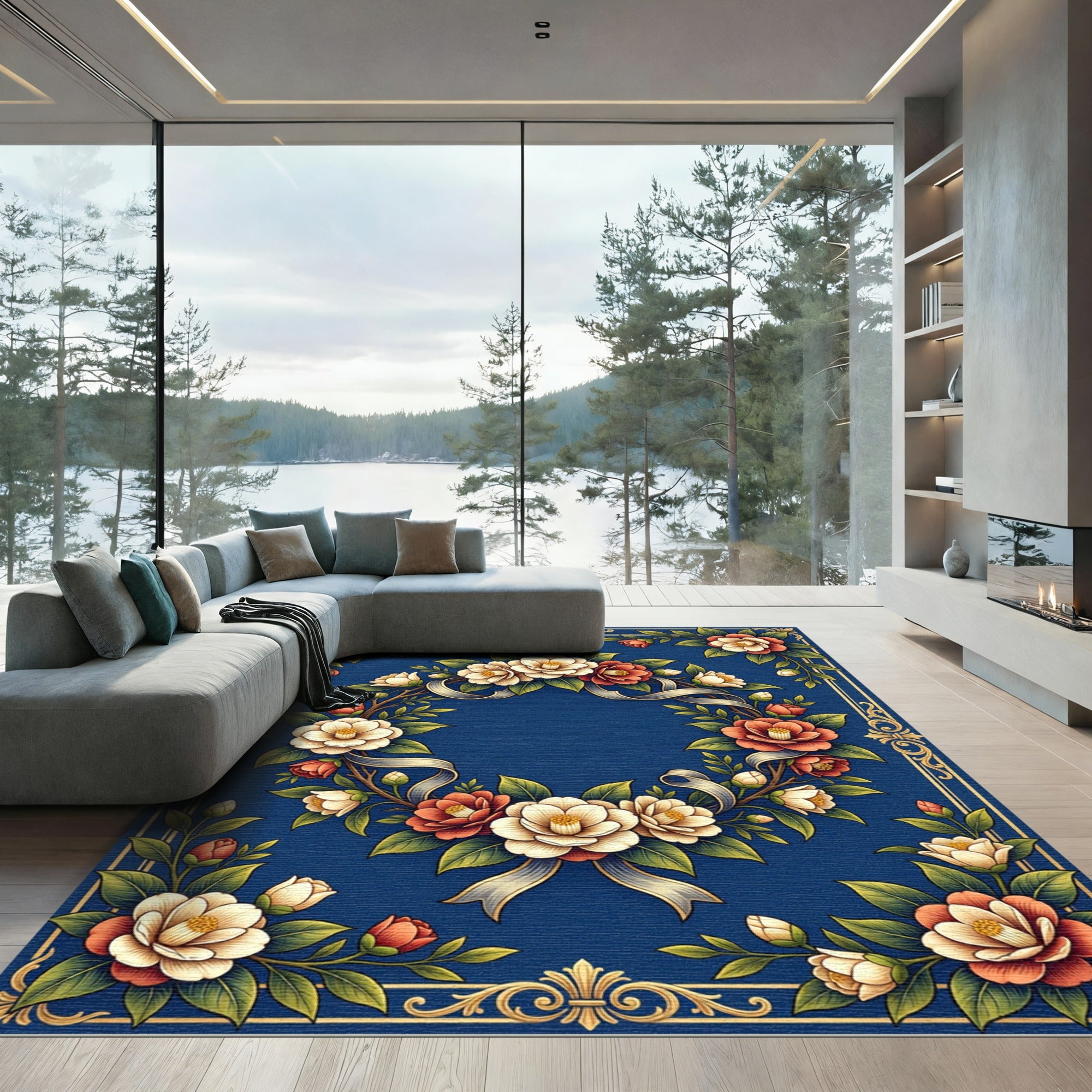 Elegant Navy Blue Camellia Floral Wreath Rug