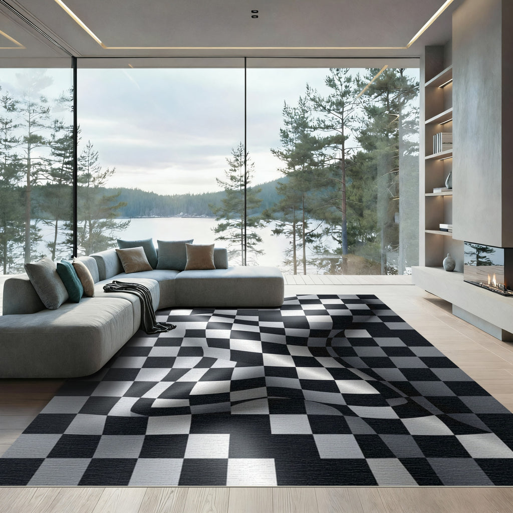 Modern Distorted Black White Checkered Rug