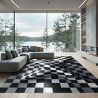 Modern Distorted Black White Checkered Rug