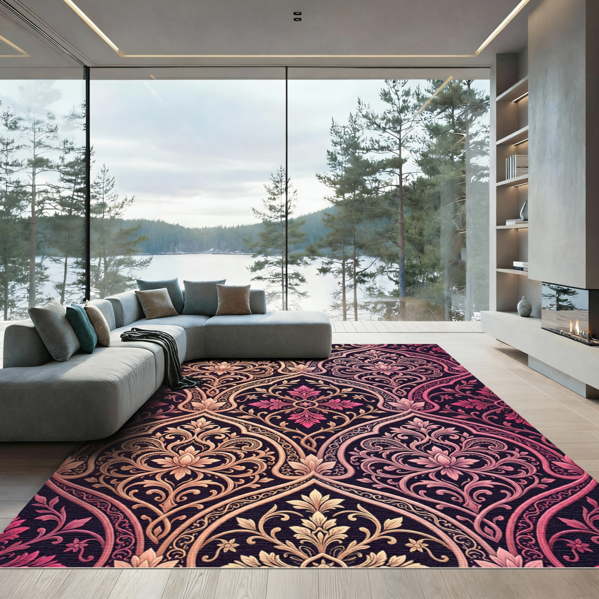 Ornate Pink Gold Arch Floral Rug