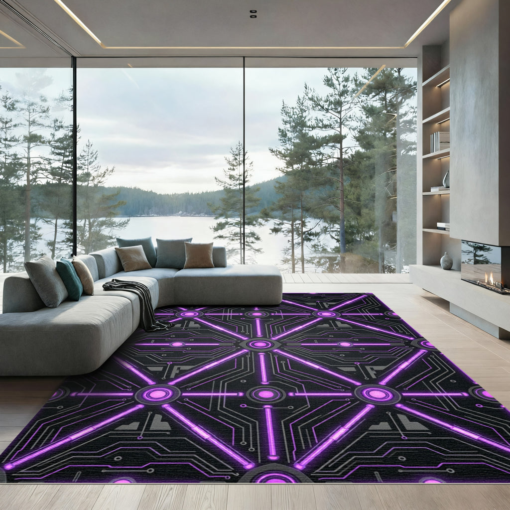 Neon Purple Cybernetic Grid Circuitry Rug
