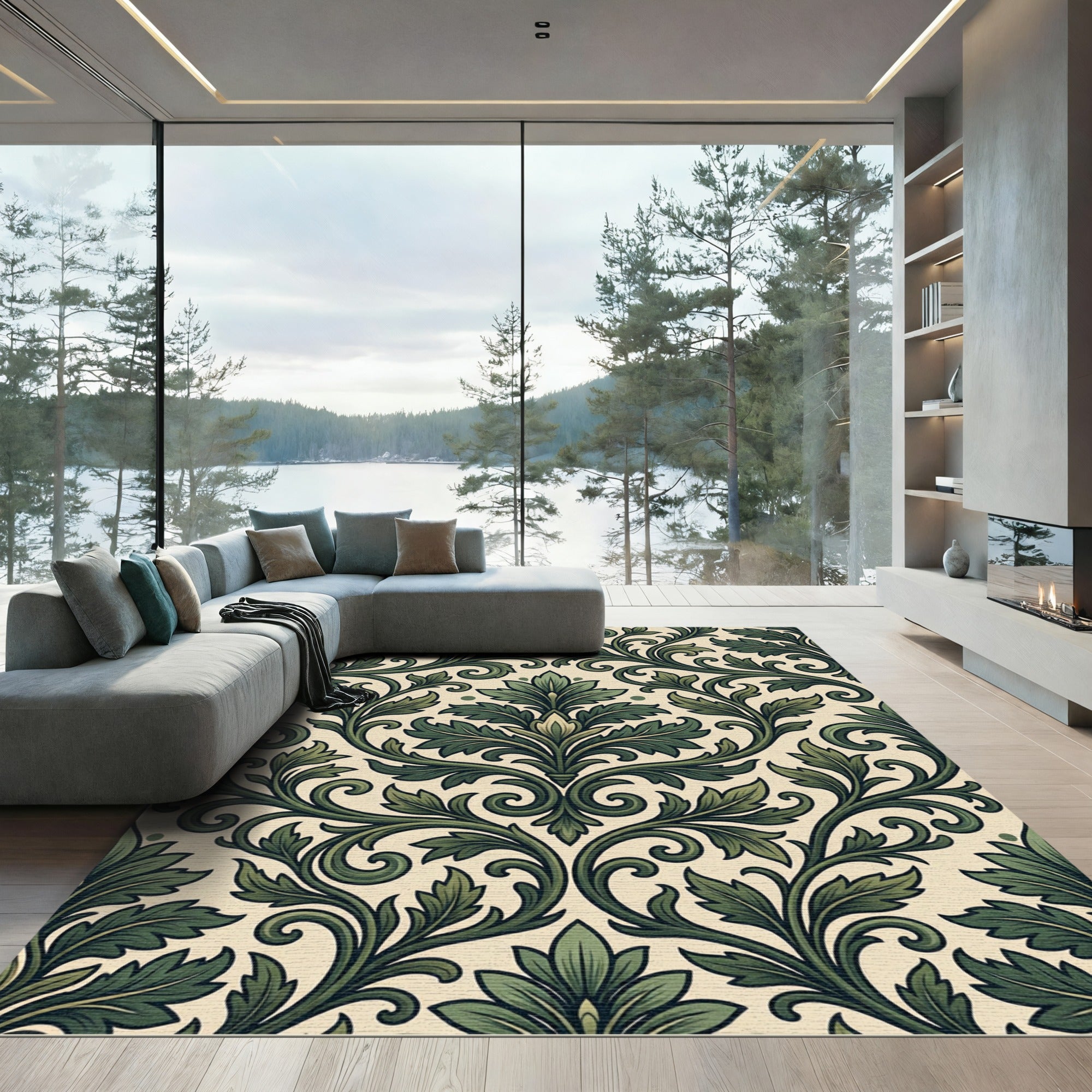 Emerald Botanical Damask Scroll Foliage Rug
