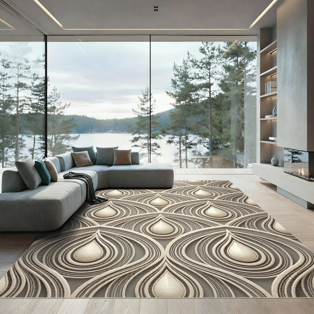 Elegant Cream Teardrop Layered Art Rug