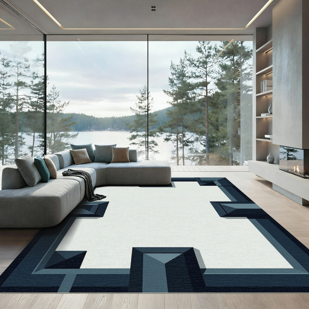 Deep Blue Geometric Layered Frame Rug