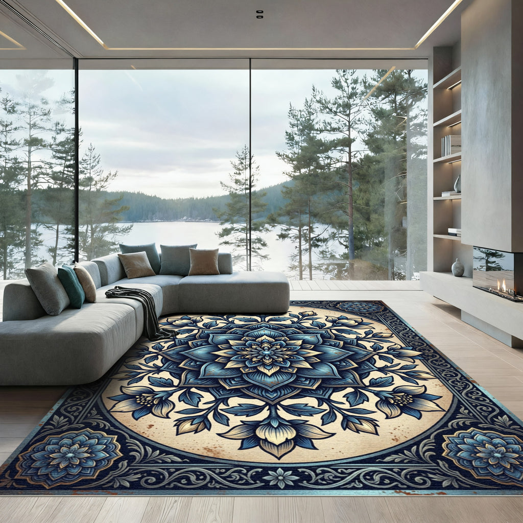 Intricate Navy Blue Floral Mandala Rug