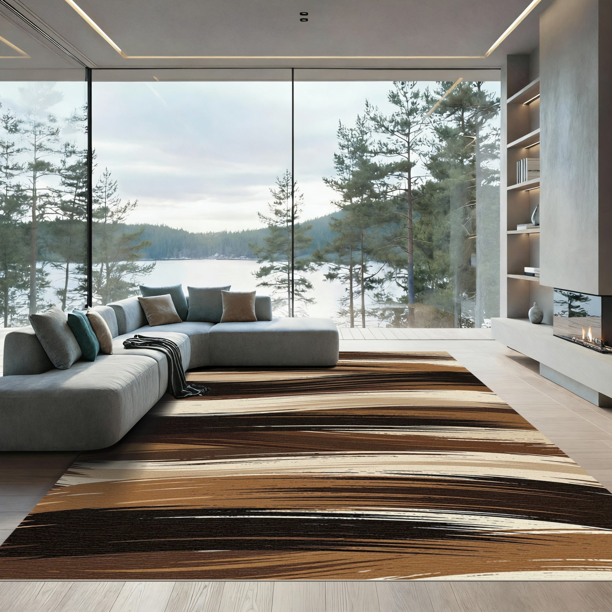 Abstract Earth Tone Wavy Brushstroke Rug