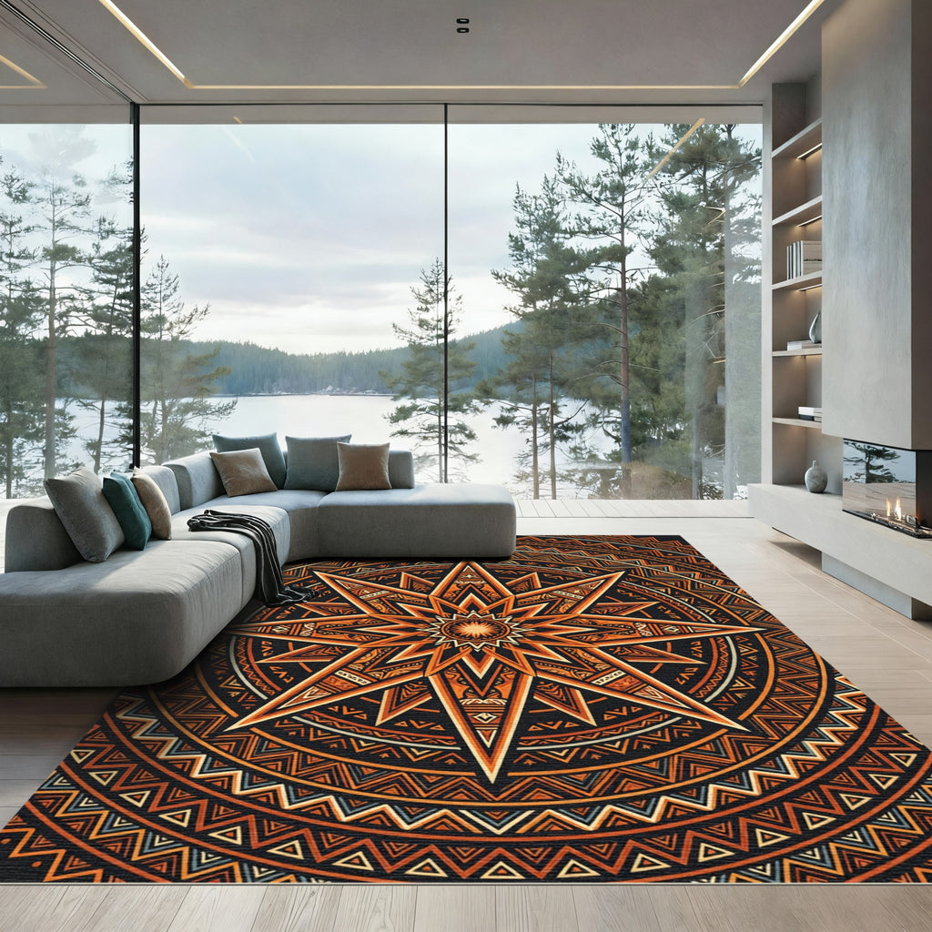 Radiant Orange Celestial Geometric Star Rug