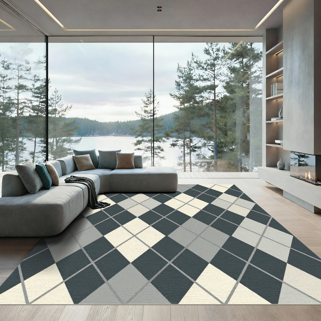 Classic Charcoal Gray Cream Argyle Rug