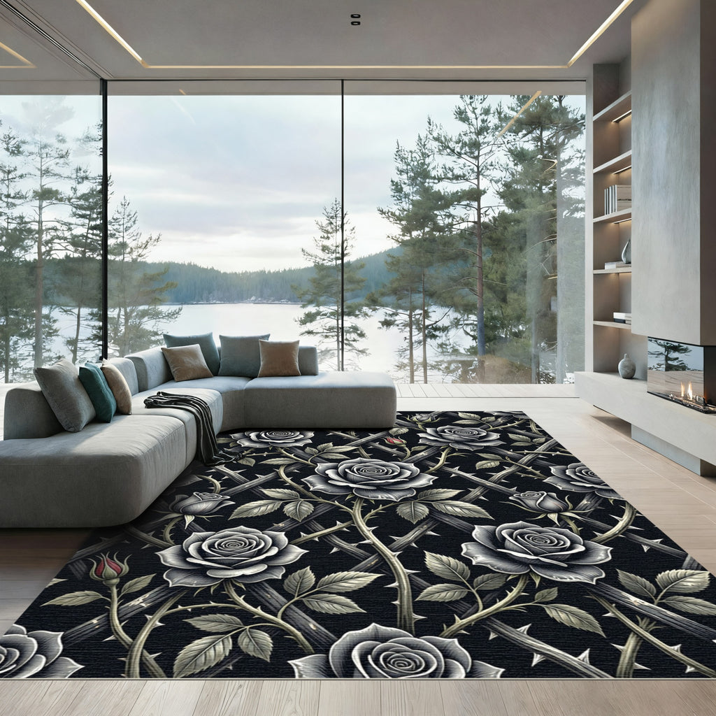 Gothic Black Rose Trellis Floral Rug