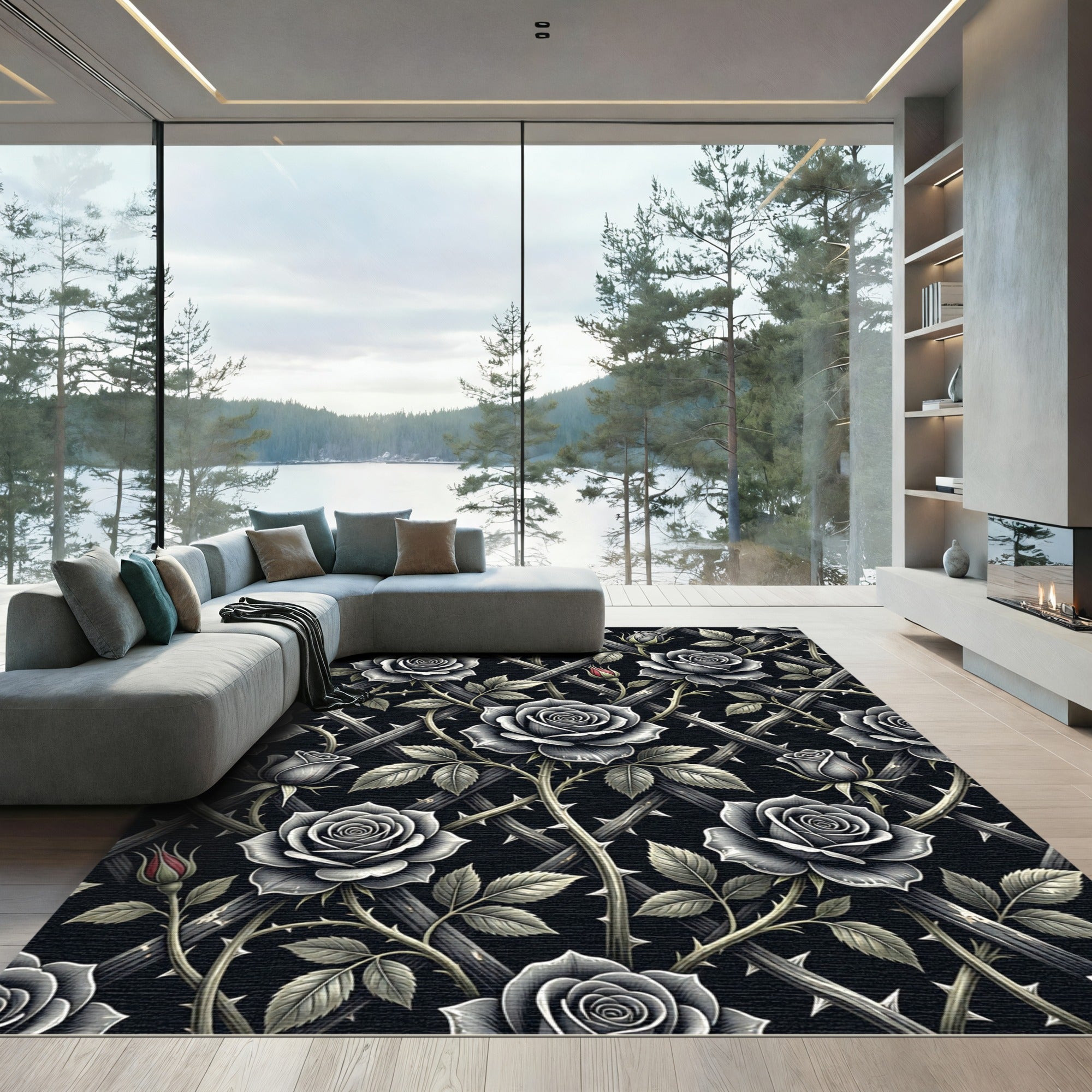 Gothic Black Rose Trellis Floral Rug