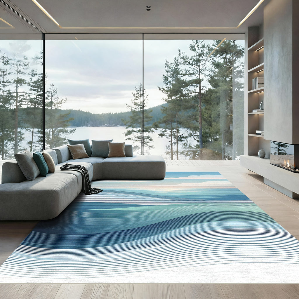 Oceanic Blue Wave Abstract Stripes Rug