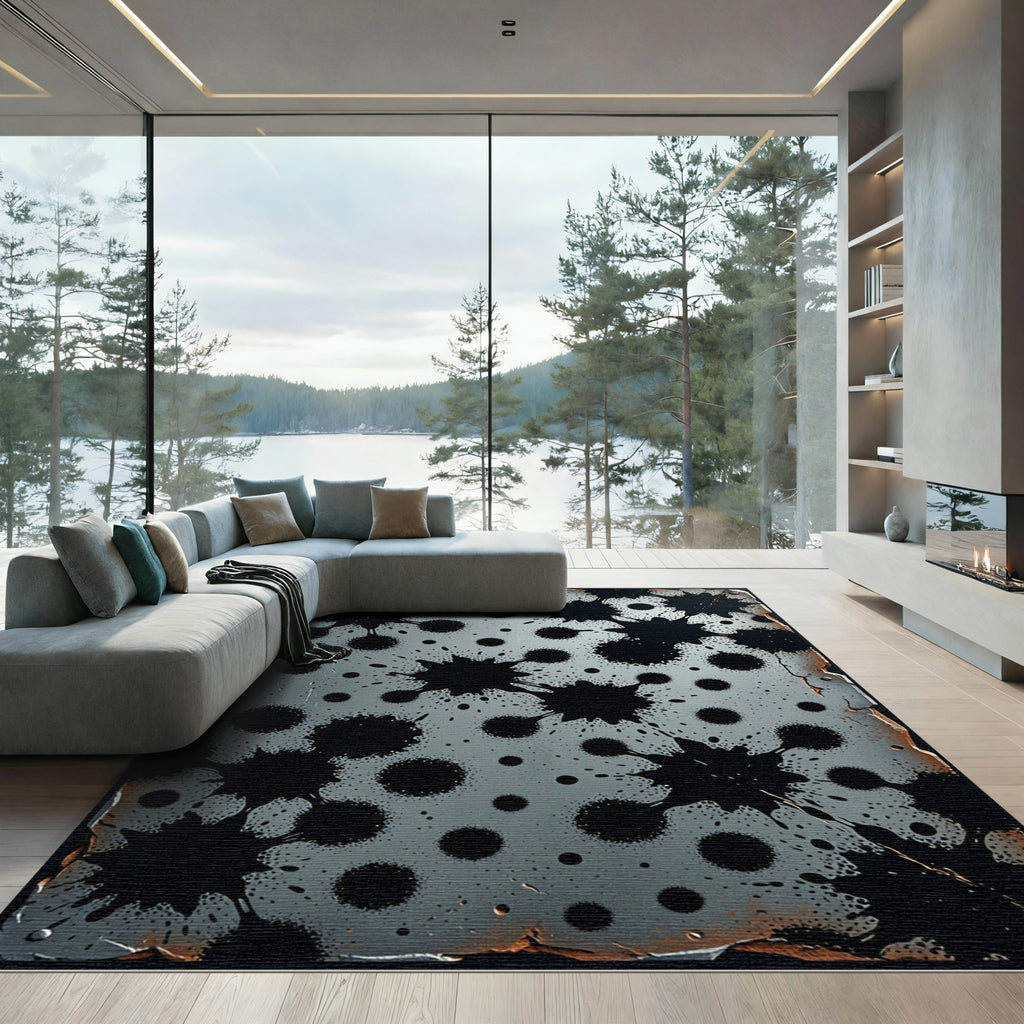 Grungy Black Splatter Metallic Surface Rug