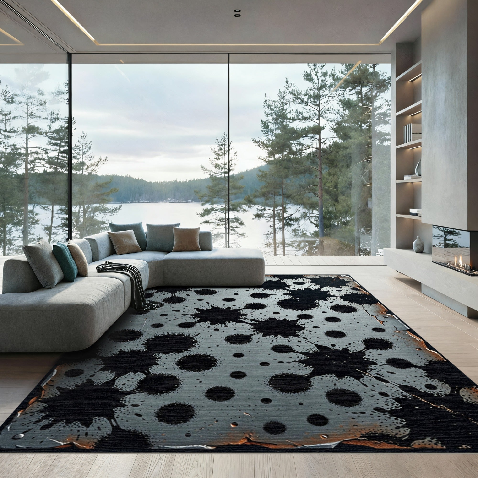 Grungy Black Splatter Metallic Surface Rug