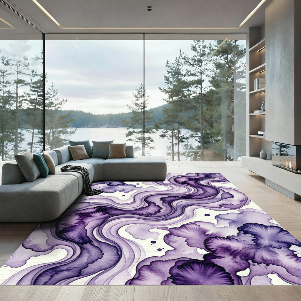 Ethereal Violet Fluid Abstract Swirl Rug