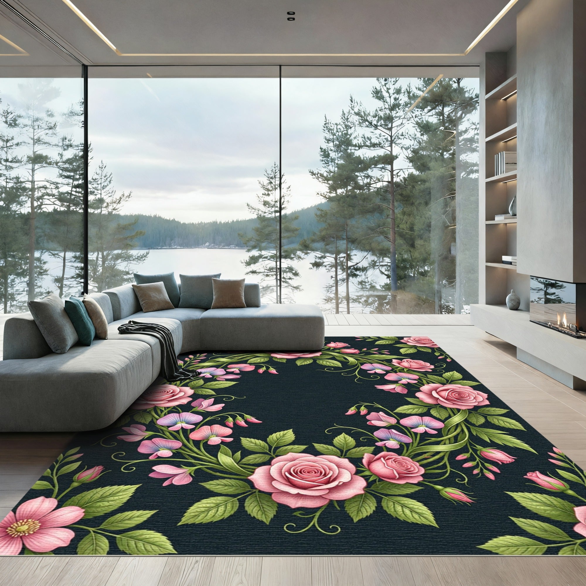 Romantic Pink Rose Sweet Pea Wreath Rug