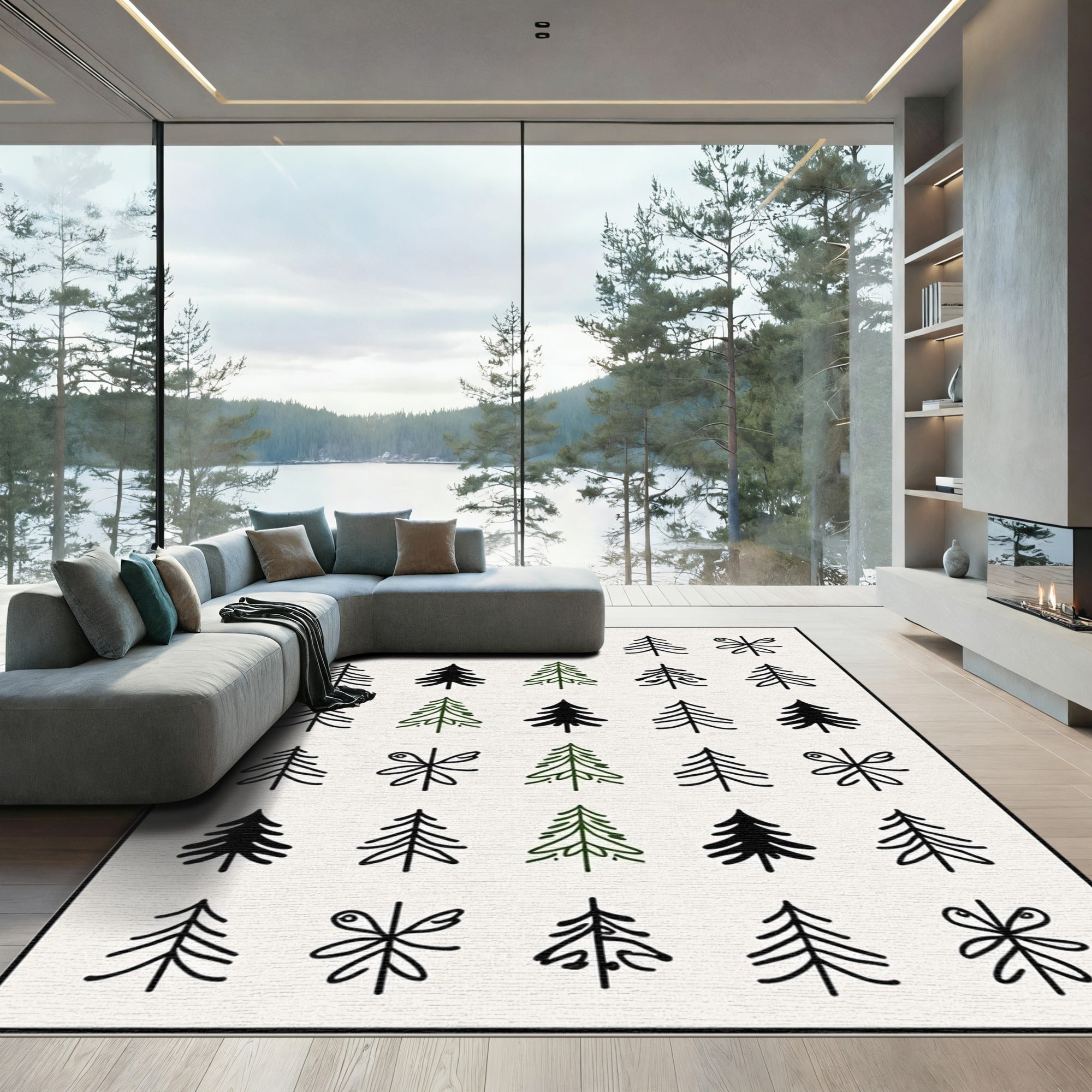 Simple Pine Tree Collection Black Green Rug