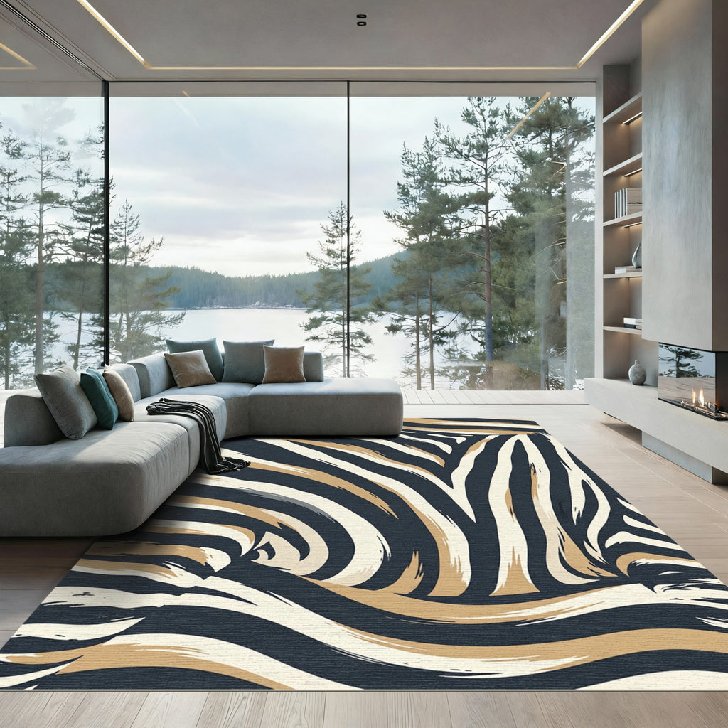 Abstract Charcoal and Beige Zebra Stripe Rug