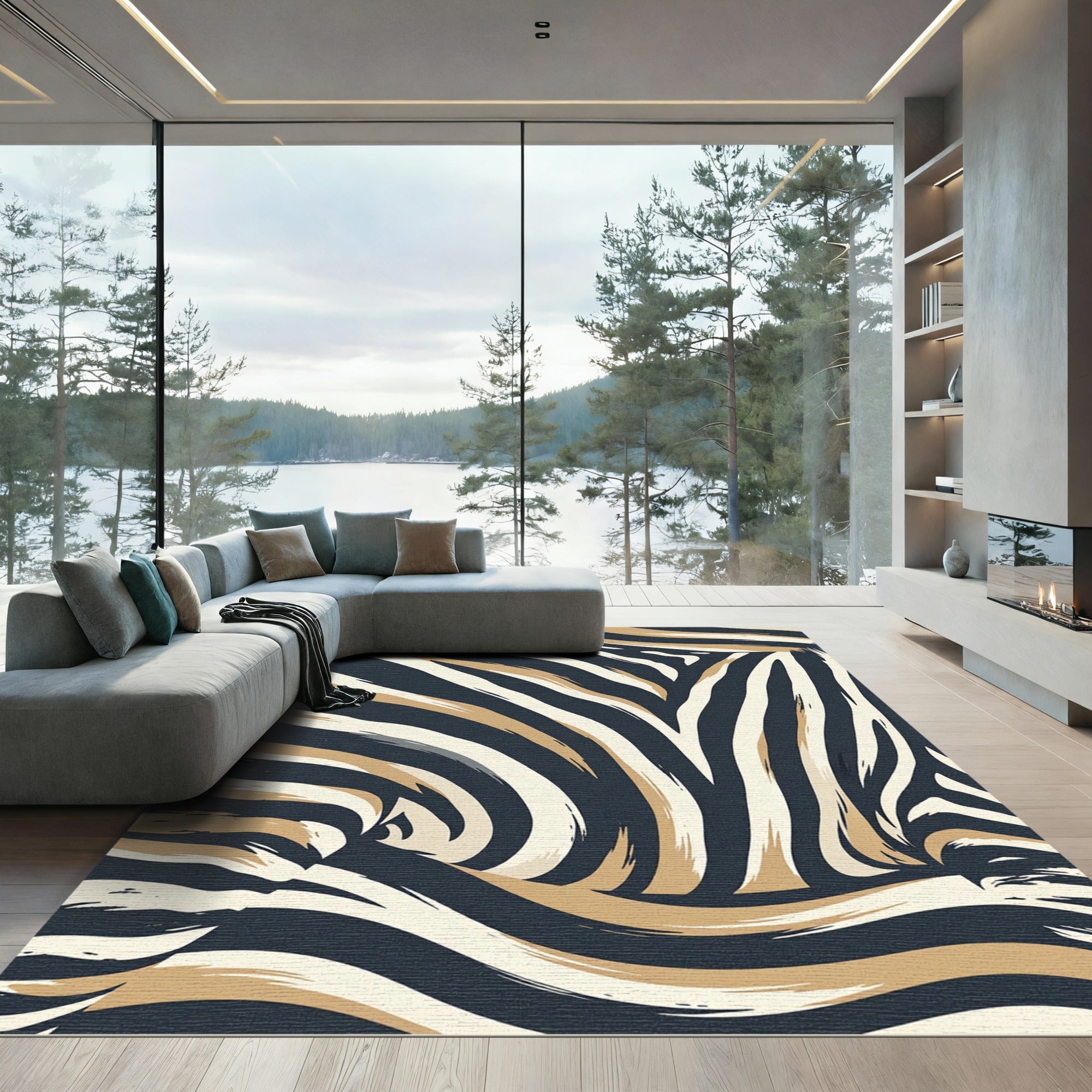 Abstract Charcoal and Beige Zebra Stripe Rug