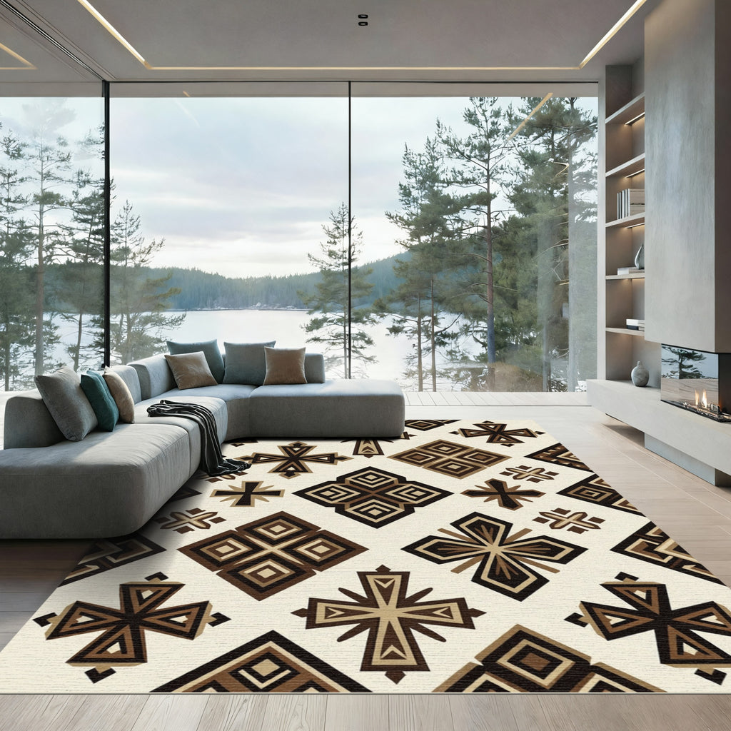 Geometric Brown Crosses and Diamond Blocks Rug