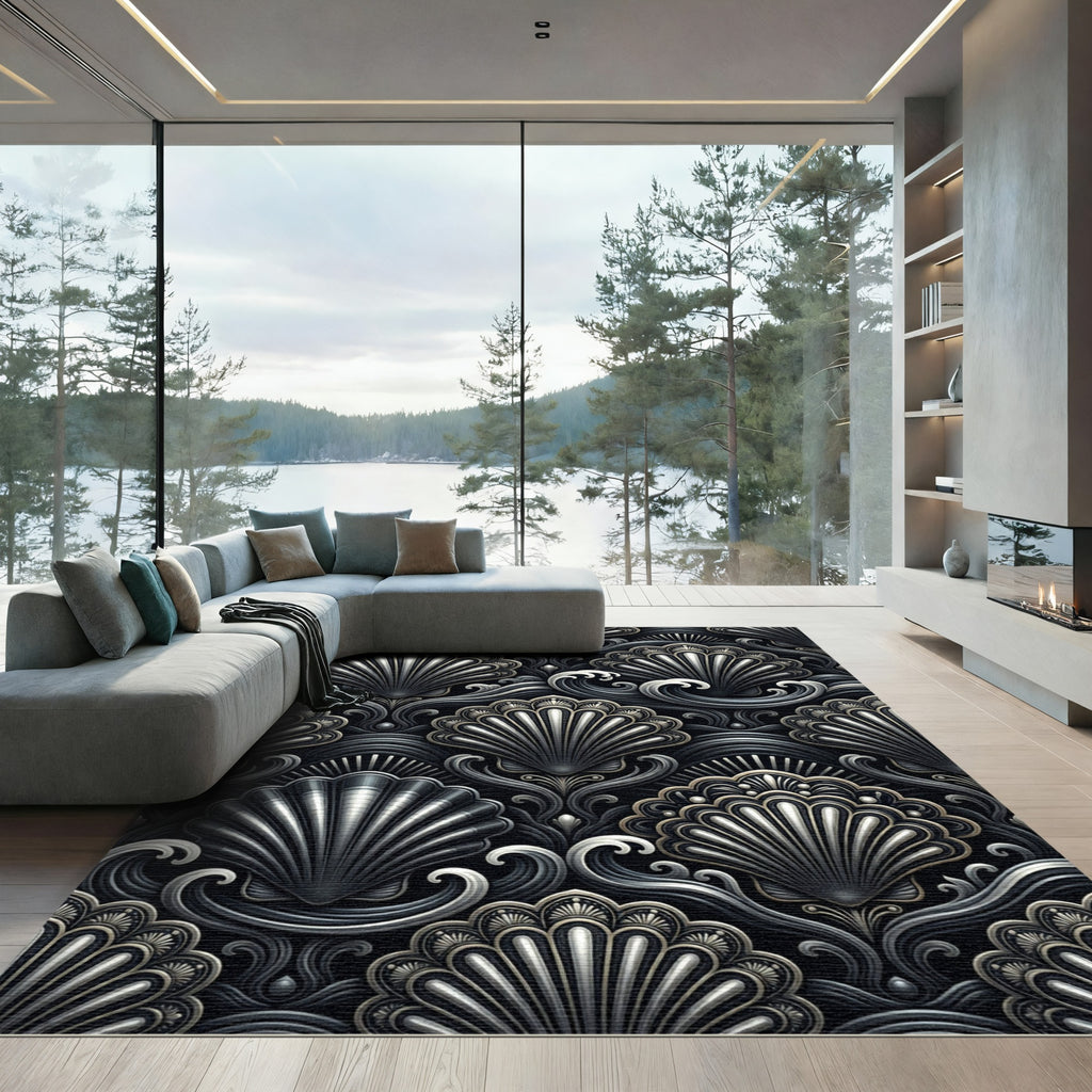 Metallic Seashell Monochrome Art Deco Wave Rug