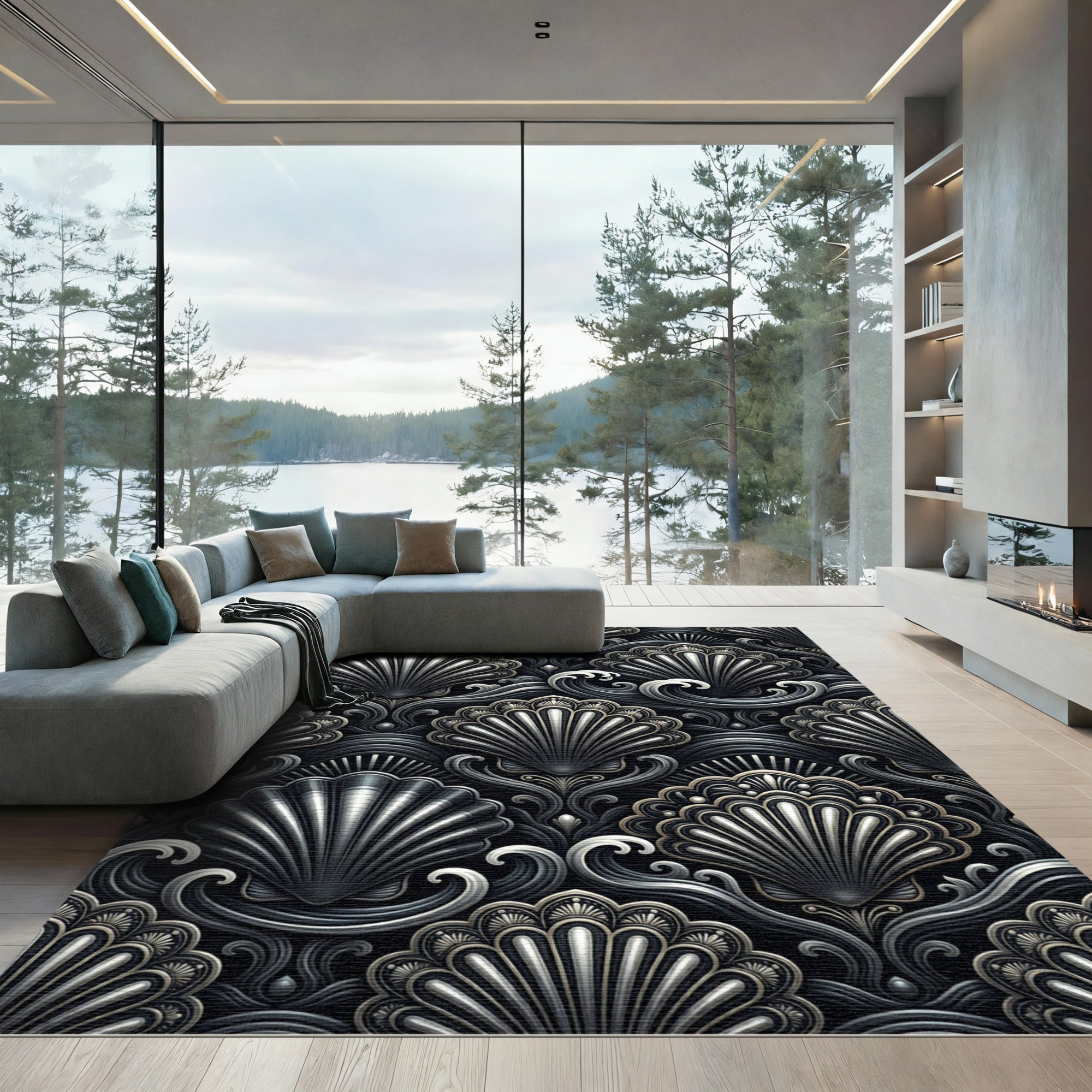 Metallic Seashell Monochrome Art Deco Wave Rug