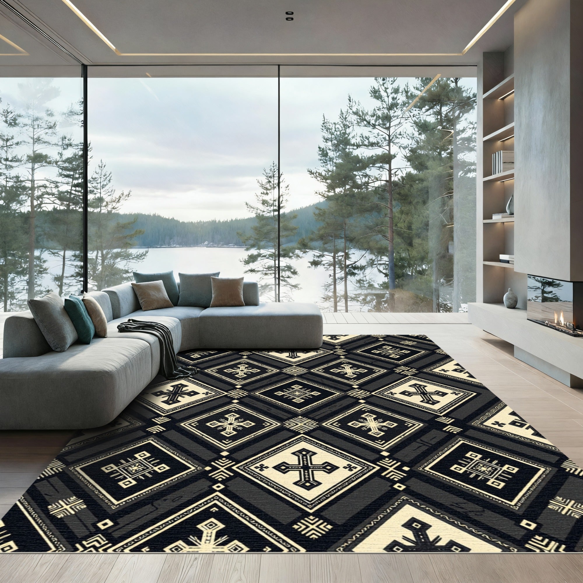 Monochromatic Black Beige Cross Geometric Medallion Rug
