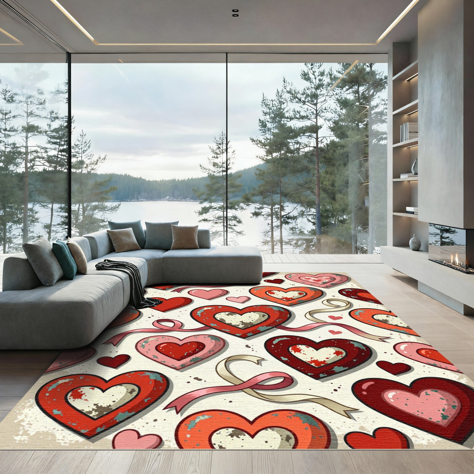 Distressed Red Heart Valentine Ribbon Romance Rug
