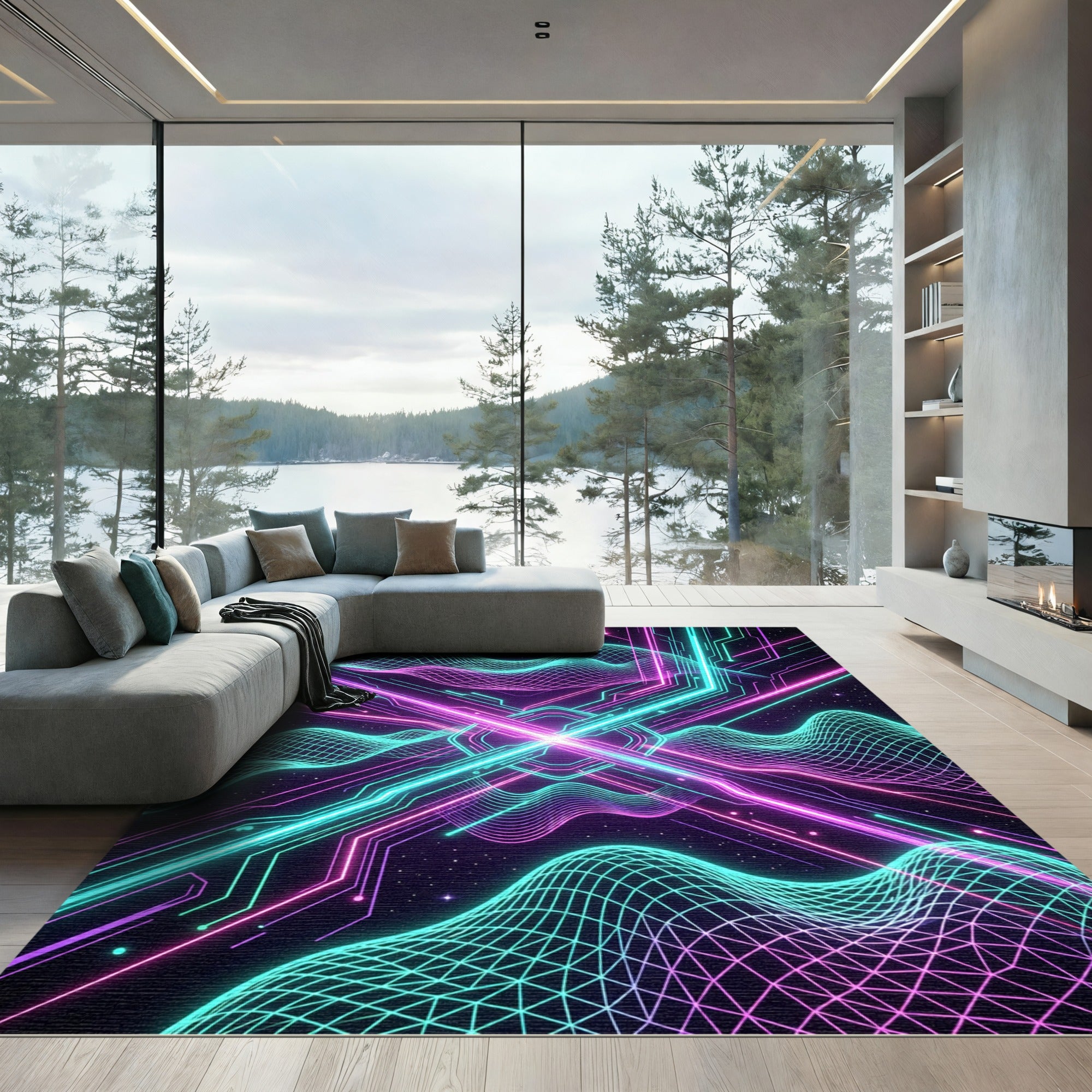 Neon Cybernetic Wave Interstellar Grid Rug
