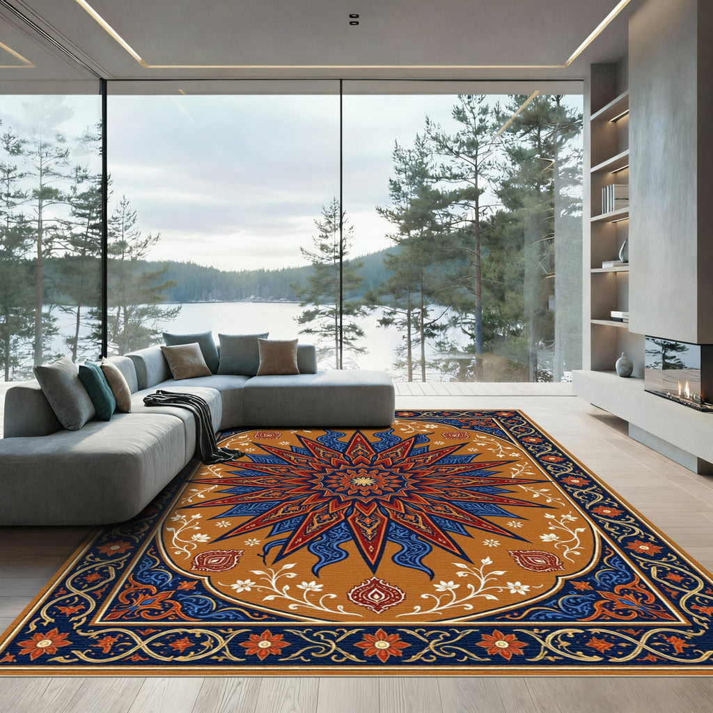 Rich Red Blue Sunburst Floral Medallion Rug