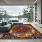Rich Red Blue Sunburst Floral Medallion Rug