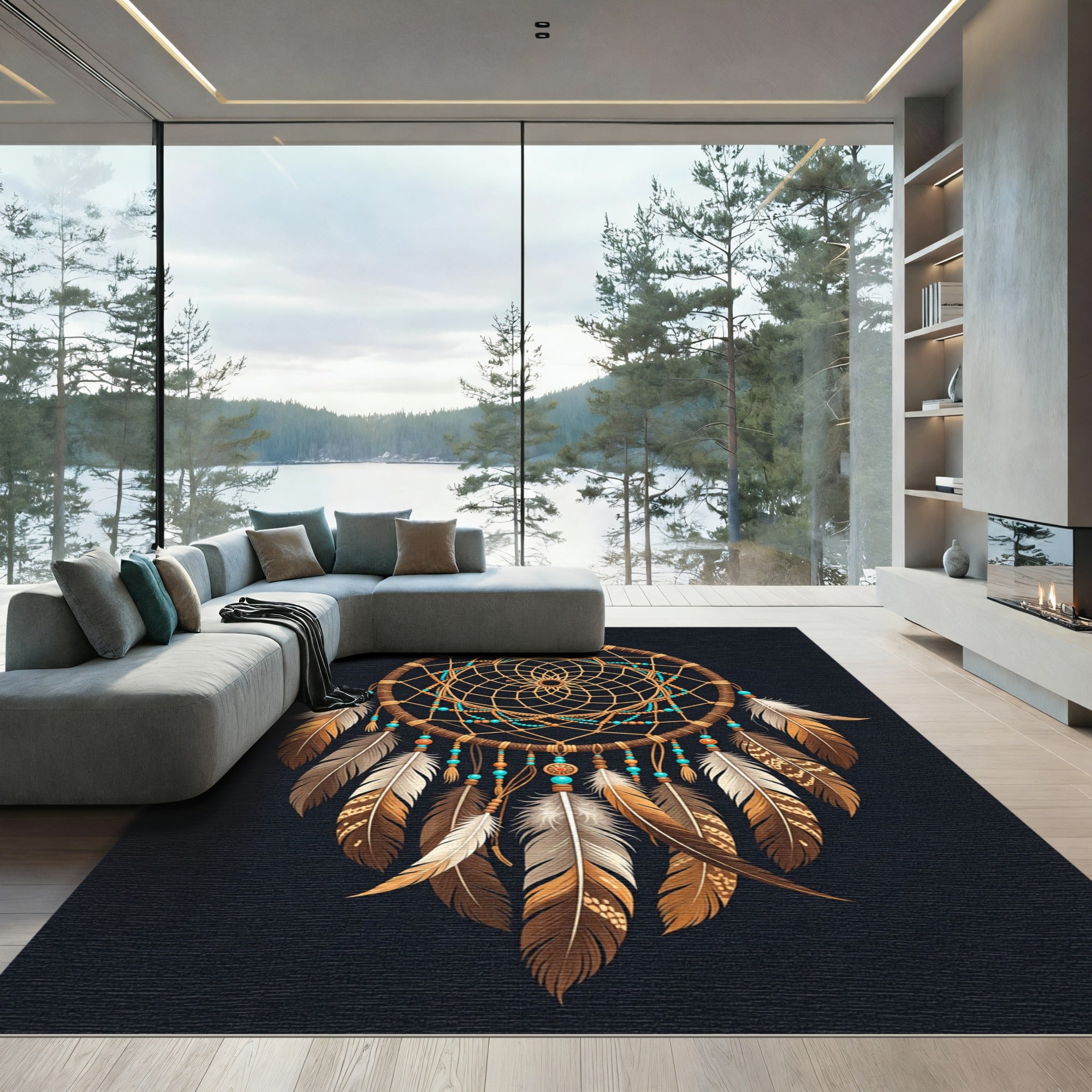 Ornate Dreamcatcher Teal Beaded Feather Accent Rug