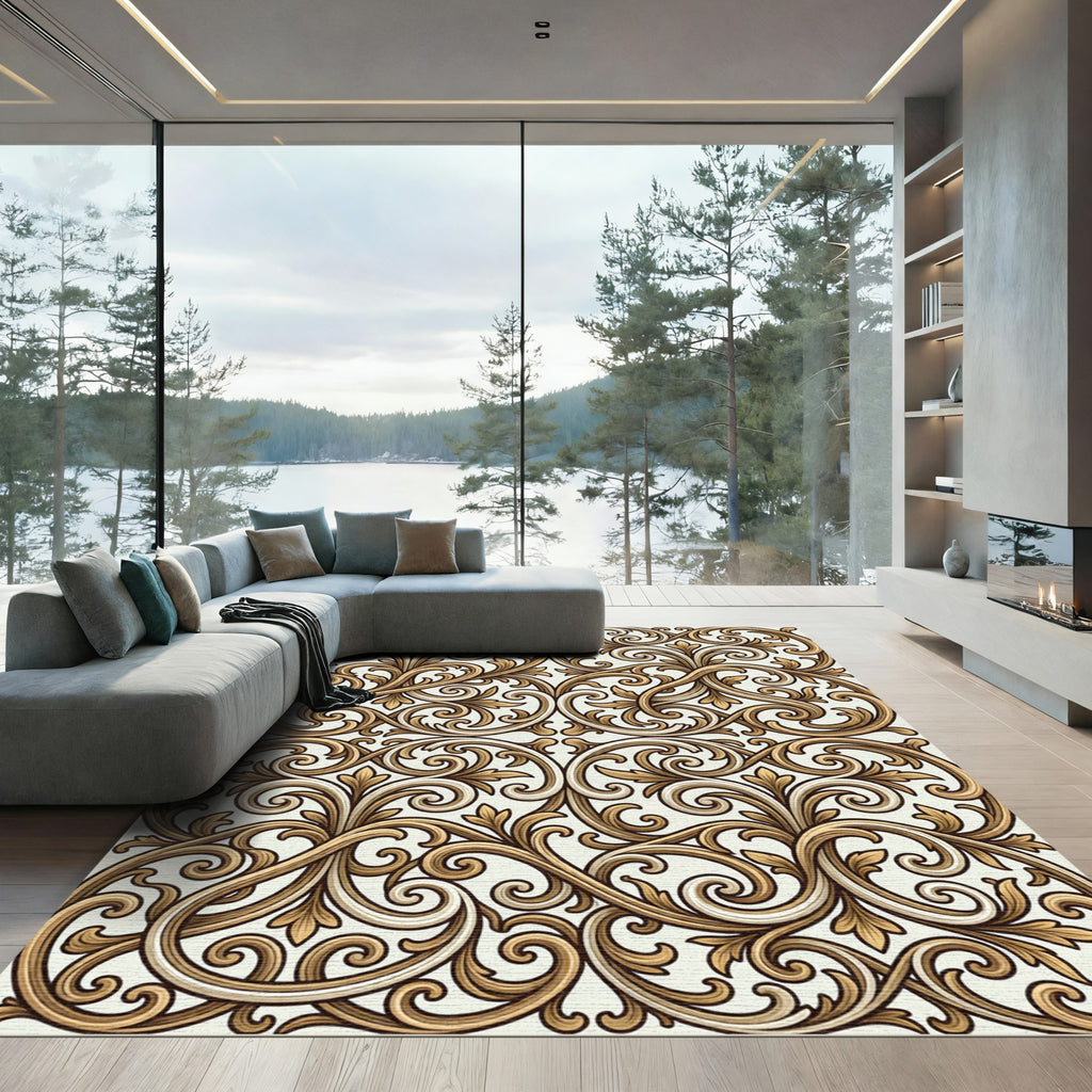 Elegant Gold Filigree Scroll Area Rug