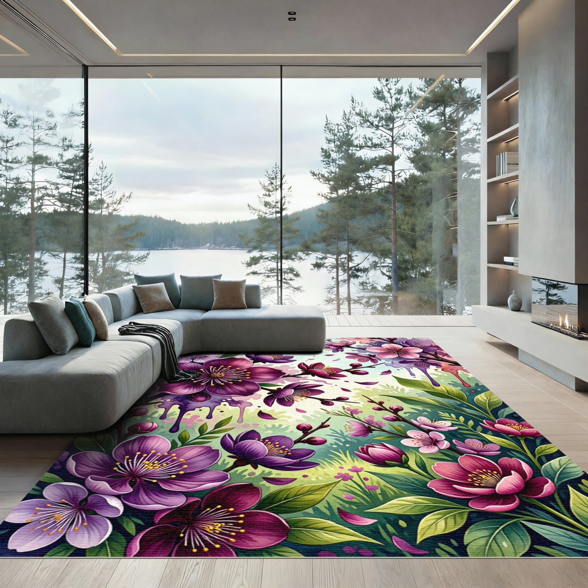 Vibrant Plum Blossom Garden Arrangement Rug