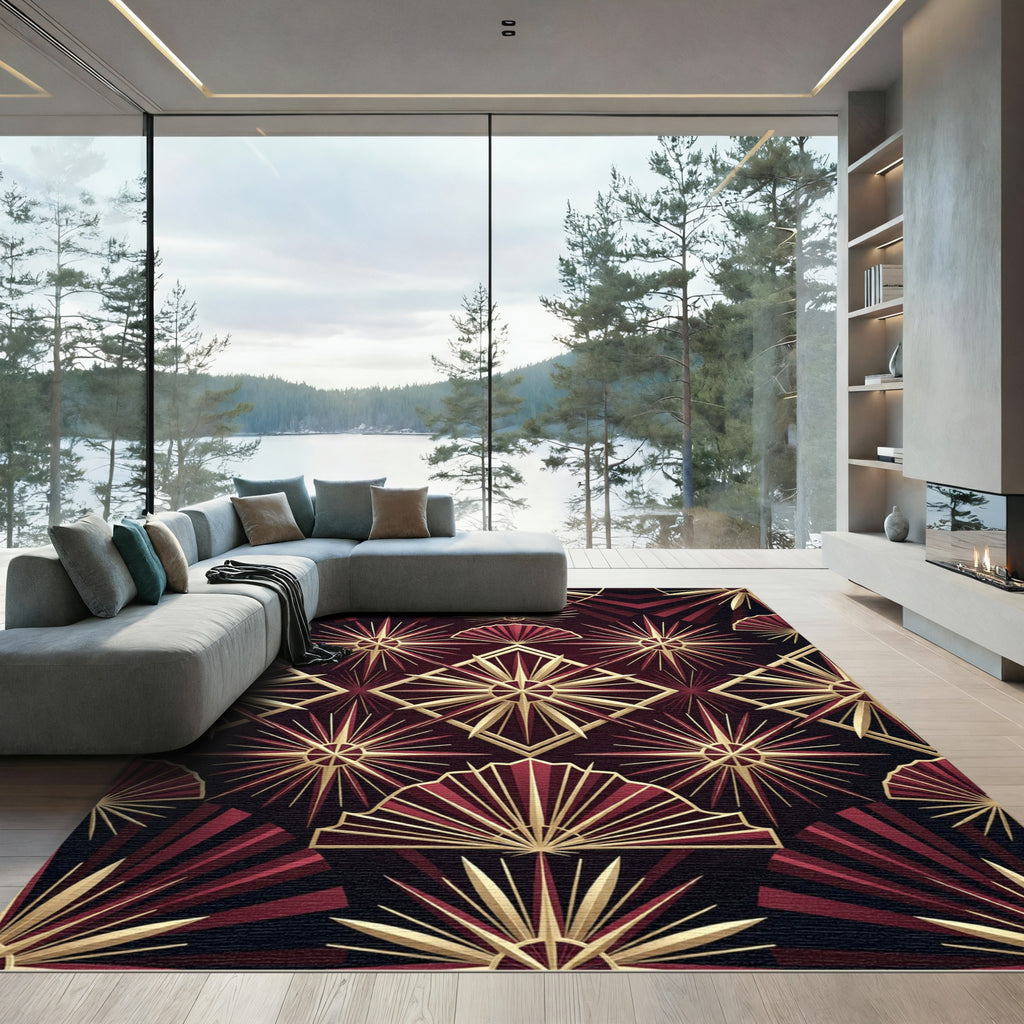 Art Deco Golden Sunburst Geometric Rug