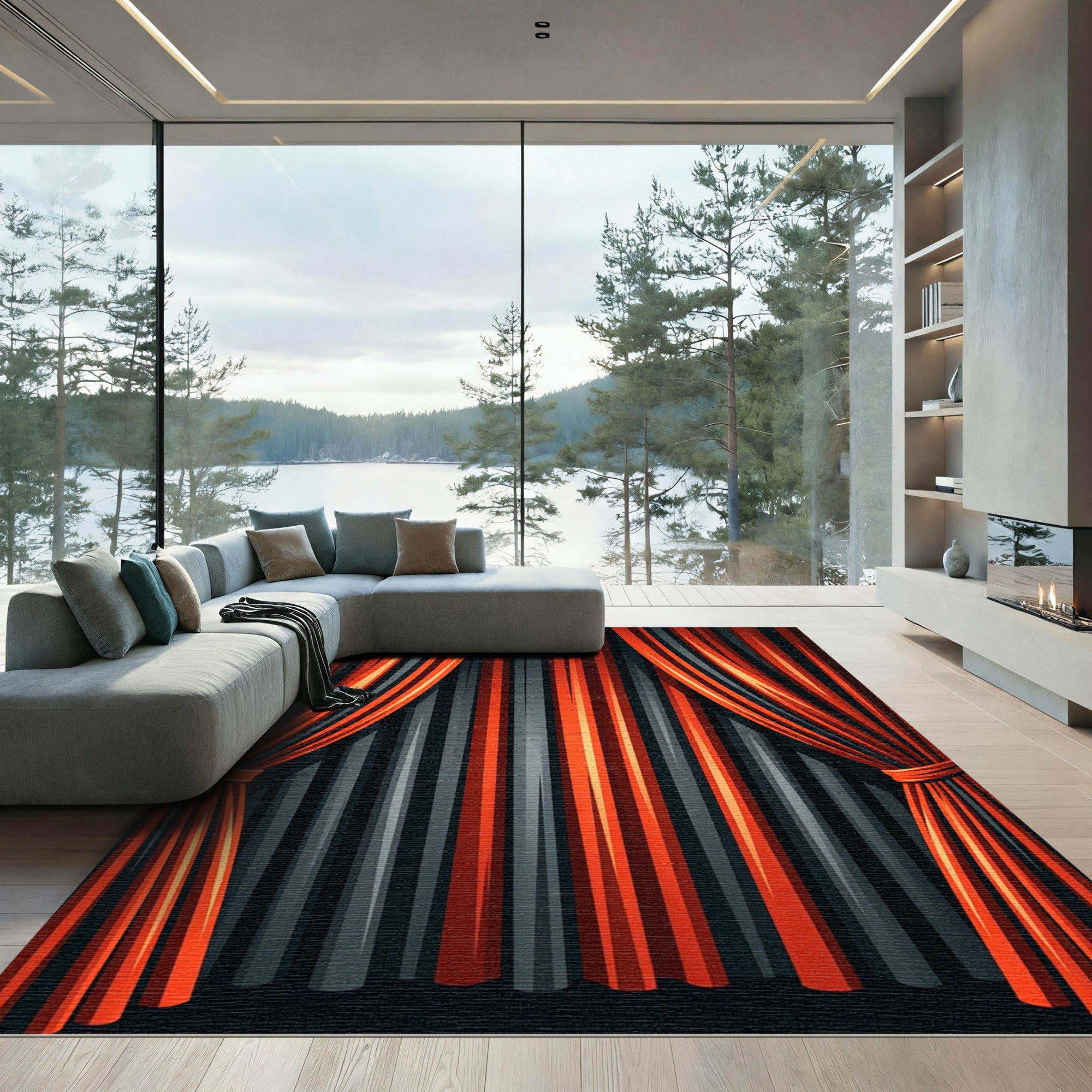Bold Orange Gray Vertical Stripe Drapery Rug