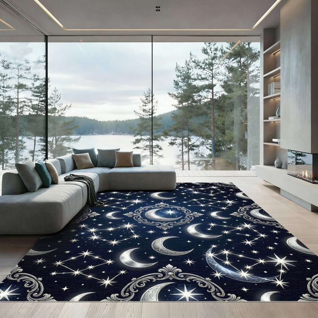 Celestial Silver Crescent Moon Starry Night Rug