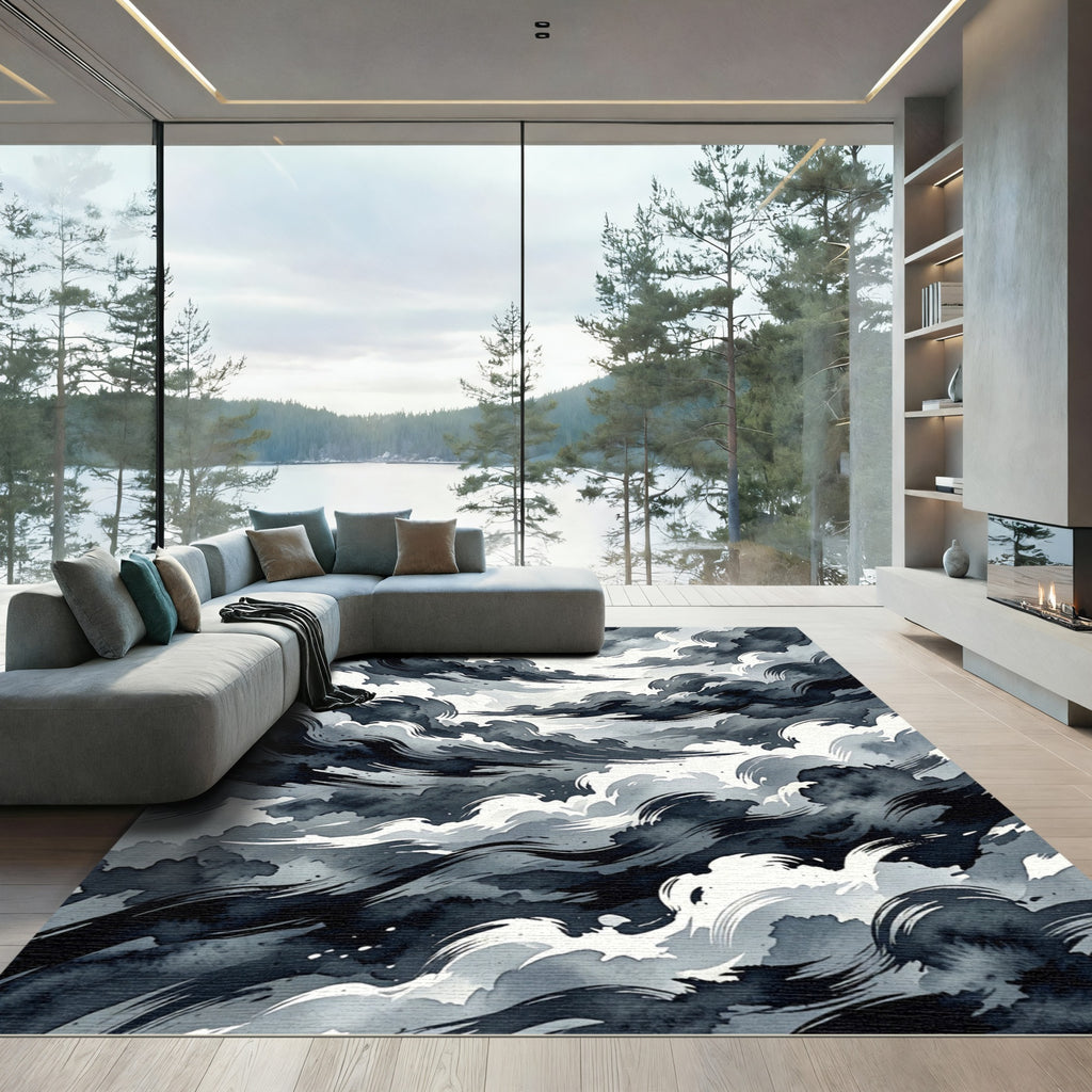 Dramatic Black White Ink Waves Rug