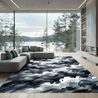 Dramatic Black White Ink Waves Rug