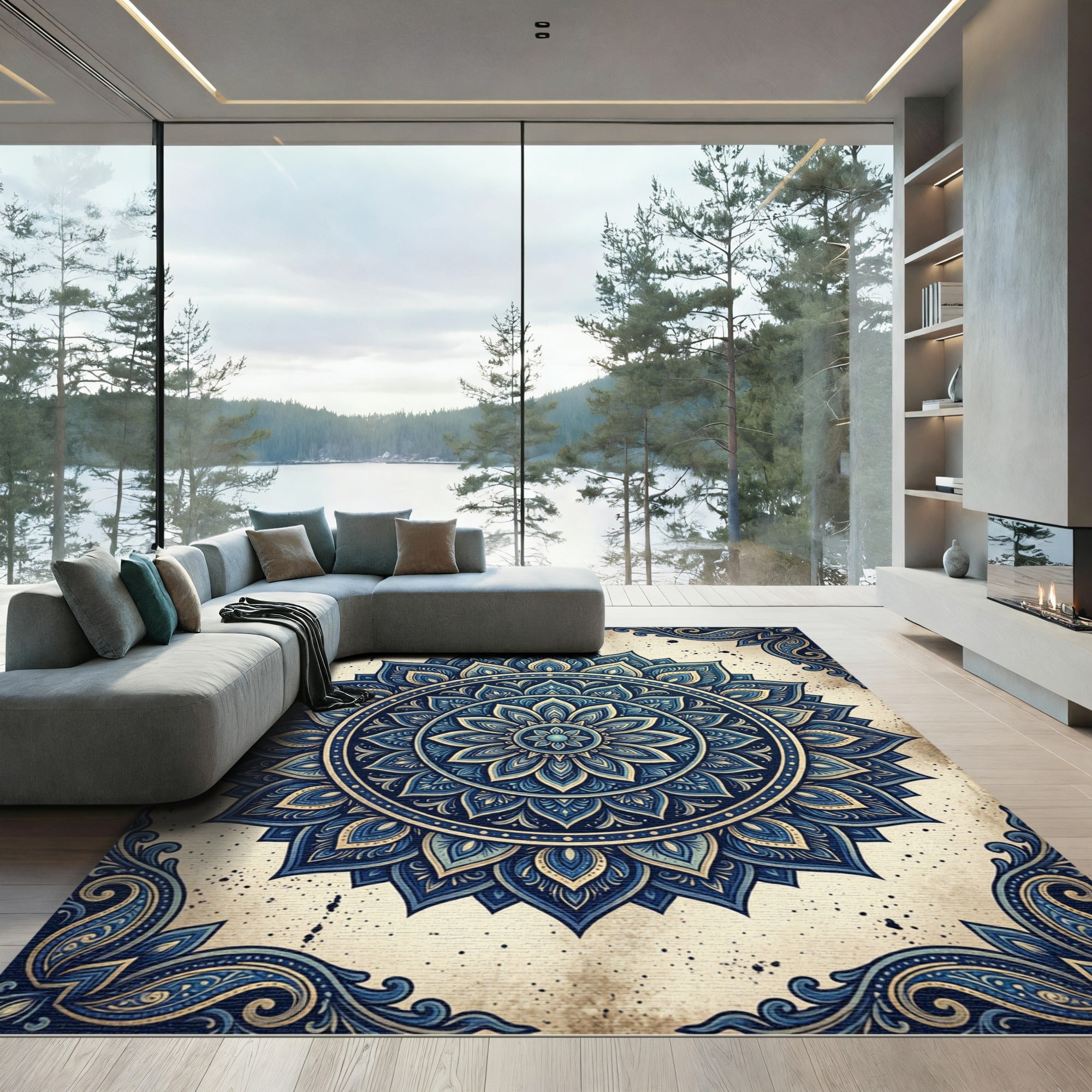 Intricate Navy Blue Lotus Mandala Rug
